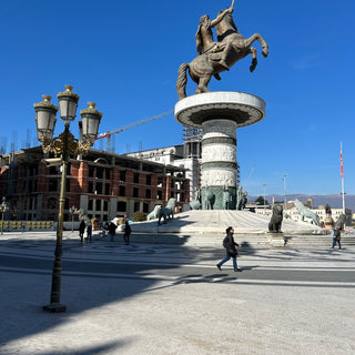 Large bronze statue of Alexander the Great on horseback in Skopje, North Macedonia