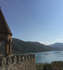 Ananuri Fortress overlooking Zhinvali reservoir on a bright cunny day