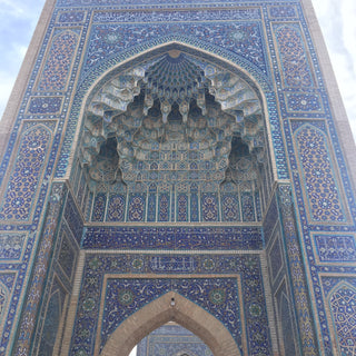 Bibi-Khanym blue mosque in Samarkand, Uzbekistan. A majestic structure known for its striking blue domes and intricate tilework, built by Timur for his wife