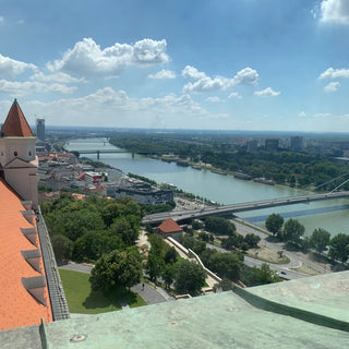 View of the red roof of Bratislava castle and the Danube with UFO bridge, Slovakia
