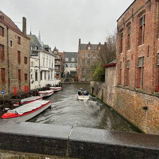 View from a bridge overlooking a canal in Bruges, Belgium