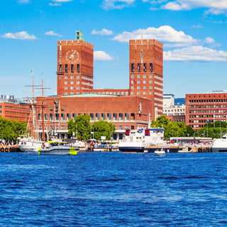 Red brick City Hall or Radhus in Oslo, Norway with two towers