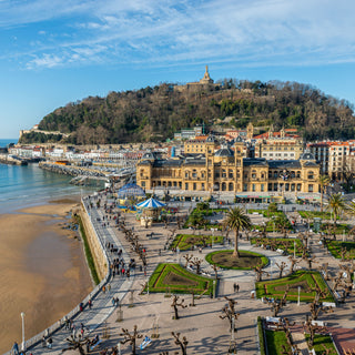 Aerial view of the Alderdi-Eder Park, the City Hall and the castle on Urgull hill in San Sebastian, Spain