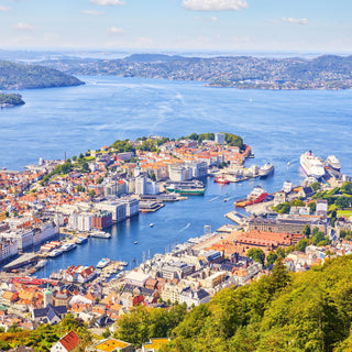 View from a hilltop above Bergen, Norway including the harbour