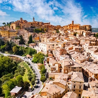 Aerial view of Montepulciano, a medieval and Renaissance hill town in the Italian province of Siena in southern Tuscany, Italy