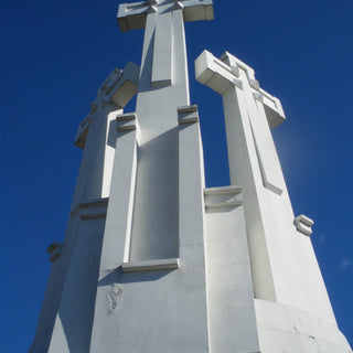 The Three Crosses memorial consists of three white crosses that are visible from afar. Vilnius, Lithuania