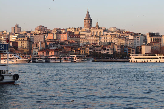 View of the round, stone Galata Tower and district from the Bosphorus Strait