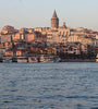 View of the round, stone Galata Tower and district from the Bosphorus Strait