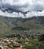 Stepantsminda in Kazbegi, Georgia. A view of the town and surrounding mountains