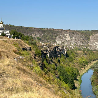 View of Orheiul Vechi a hilltop monastery and river valley in Moldova