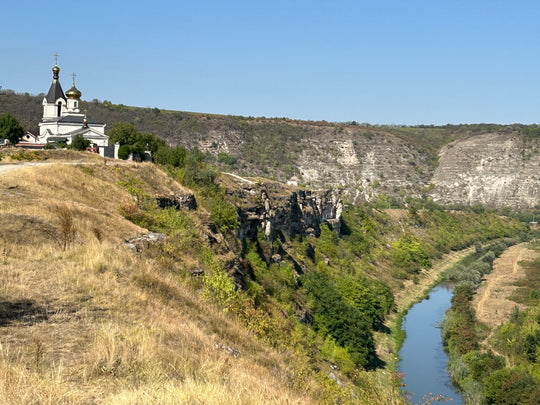 View of Orheiul Vechi a hilltop monastery and river valley in Moldova
