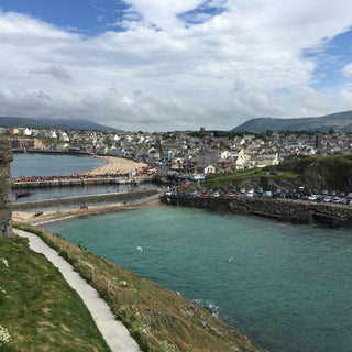 Landscape view from Peel castle on the Isle of Man overlooking the town and beach