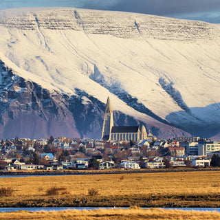 View of Reykjavik and Church of Hallgrímur with snowy mountain background