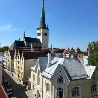 View of St. Olaf's church spire and the surrounding rooftops of Tallinn Estonia