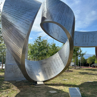 An 11 metre tall steel ribbon sculpture with scientific calculations at CERN Geneva, Switzerland