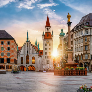 Town square with traditional buildings and church in Munich