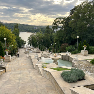 Water cascade and staircase leading down to Valea Morilor park and lake in Chisinau, Moldova